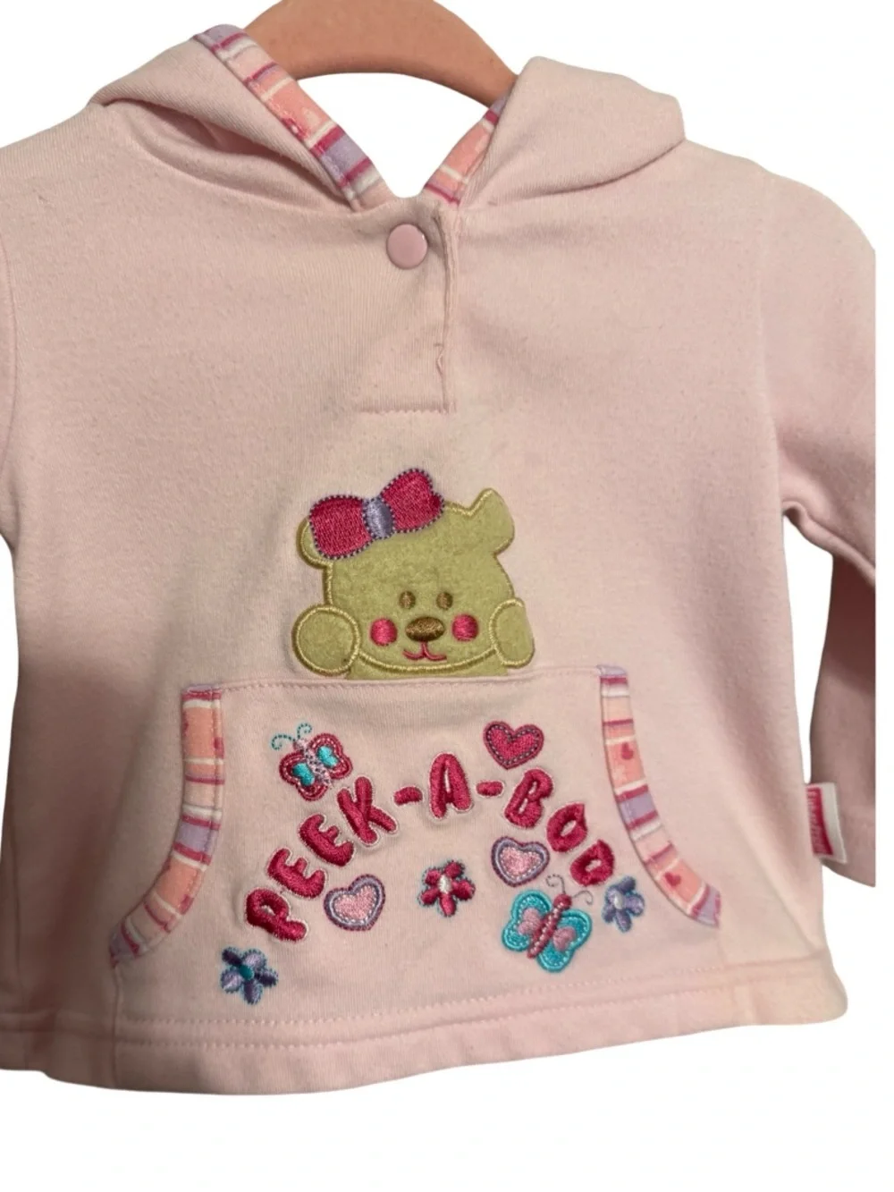 Y2K Fisher-Price Peek-A-Boo Bear Pink Hooded Sweatshirt Baby Girl Size 3-6 M